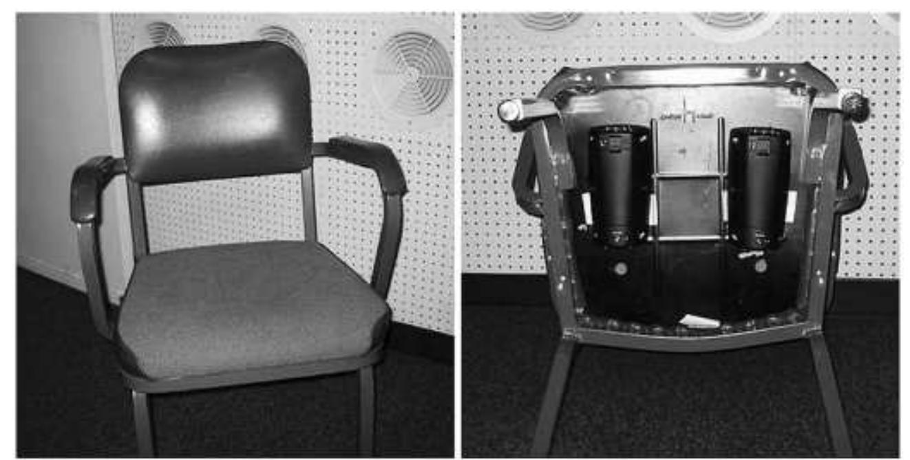 Fig. 1. The subliminal-signal chair as it appeared to participants (left panel) and the hidden apparatus under the chair (right panel). 