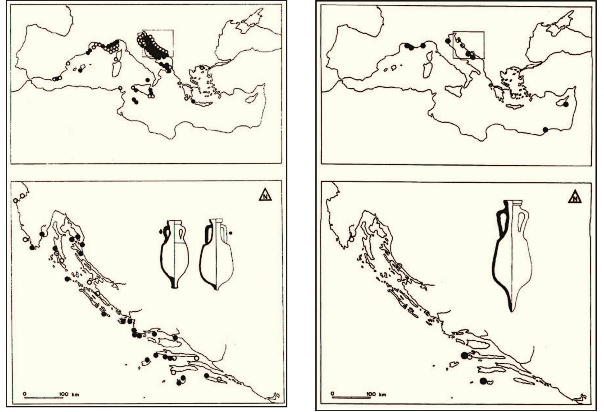Amphorae considered to be of Italian manufacture are also commonly found in Dalmatia during this time; the most popular forms from the late Repub- lican/early imperial period are the forms Lamboglia 2 and Dressel 6A and B. Based on the evidence of transitional forms, Dressel 6 (first century BC—first century AD) appears to have been a development from the Lamboglia 2 (second to mid-—first century BC). In fact, they are so similar and the relationship seems so evident that Peacock and Williams (1986: 98-101) have categorised them as different forms  Because of similarities in form and fabric, it is often difficult to determine the type of any one potsherd; in some cases (e.g. Mardesié & Salov 2000) no dis- tinction is made, and the fragments are classified as La.2/Dr.6. Further confusion is caused by the appar- ent gradual development from the La.2 to the Dr.6 form, resulting in a number of transitional forms used contemporaneously, as seen by the presence of various forms within the same shipwrecks (Jurisi¢ 2000: 12). The evidence from shipwrecks, accord- ing to Jurisic (Jbid.: 105, 107) shows a much greater representation of La.2 than Dr.6A, with twenty-two and two definitely identified wrecks, respectively (Fig. 6-7). (There are no known Dr.6B wrecks.) All three forms have been identified at sites excavated  Figure 6. Distribution of Lamboglia 2 cargoes (from Jurisié 2000: 108, map 17; reproduced by permission of the author).  Figure 7. Distribution of Dressel 6A cargoes (from Jurisié 2000: 107, map 21; reproduced by permission of the author). 