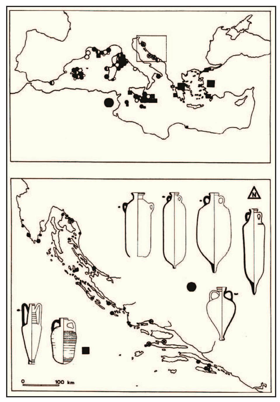 Figure 11. Distribution of late Roman amphora cargoes. Eastern types are represented by squares and North African by circles (from Jurisié 2000: 132, map 47; reproduced by permission of the author). 