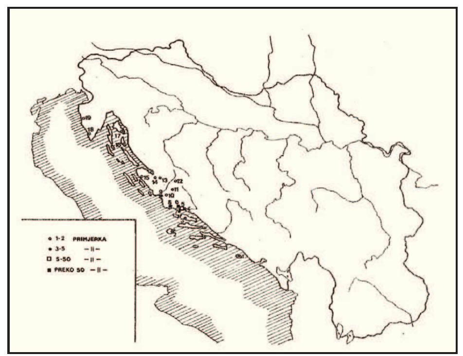 Figure 15. Distribution of Attic sarcophagi in Dalmatia (from Cambi 1988: 70; reproduced by permission of the author). 