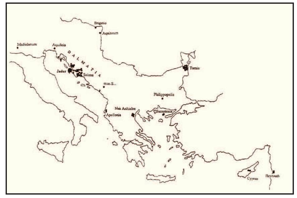 Glass production is known at Salona, where a glass workshop in use between the first and mid-third centuries AD has been excavated (Clairmont & Von Gozenbach 1975: 56-63), and has been suggested at Iader based on the concentration of particular forms (square jugs, square flasks with four depressions, and bell-shaped flasks) in the city and the surrounding area (Gluscevic 2000). No forms, however, have been positively identified as local products and traced in other parts of the empire. Although Gluscevi¢ makes a good case for the production of bell-shaped flasks at or near Iader (due mainly to the relative scarcity of the form elsewhere in the Mediterranean), he also dem- onstrates difficulties in positively identifying vessels of this shape found outside Dalmatia as products of Iader workshops. Preliminary analysis of distribution (Fig. 16) indicates a possibility of export to northern Italy, Pannonia, and the East, although a similar work- shop at Tomis on the Black Sea makes certainty dif- ficult without further study. A closer study of glass forms thought to have been produced in Dalmatia, especially of Gluscevi¢’s bell-shaped flasks, and the establishment of typologies would greatly aid in the more reliable identification of Dalmatian glass outside the province.  Figure 16. Distribution of bell-shaped flasks of the so-called Zadai type (from Gluscevic 2000: 187, fig. 3; reproduced by permission of the Association Internationale pour l'Histoire du Verre). 