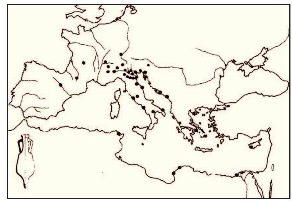 Figure 20. Known distribution of Dressel 6 amphorae (from Peacock € Williams 1986: 99 fig. 35, after Riley 1979: 155, fig. 18; reproduced by permission of Pearson Education EMA and J. Riley).  Figure 19. Known distribution of Lamboglia 2 amphorae (from Cipriano & Carre 1989: 84, fig. 14; reproduced by permission of the Ecole Francaise de Rome). 
