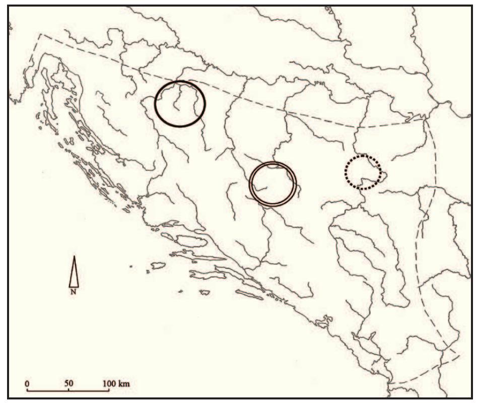 Figure 21. Locations of major Roman mining regions in Dalmatia for iron (single line), silver (dotted line), and gold (double line) (by K. Glicksman).  Gold, silver, and iron were all mined in Dalmatia during the Roman period (Fig. 21), but the chronol- ogy and output of the mines is uncertain. A number of first-century sources allude to the gold in Dal- matia. In an epigram to Macer, about to depart for Salona, Martial (10.78.5) addresses the Dalmatian farmer: felix auriferae colone terrae, and Statius (Silv. 4.7.14-16), longing for the return of Vibius Maximus, speaks of the mountains of Dalmatia as a place ubi Dite viso pallidus fossor redit erutoque con- color auro. Pliny (NH 33.67) also talks about Dalma- tian gold, but only briefly, stating that in Nero’s time, fifty librae could be retrieved in a single day, but the accuracy of Pliny’s information is unknown, and we should be wary of attaching too much significance to this amount. The only other literary reference to mining in Dalmatia comes from the fourth-century Expositio totius mundi et gentium, which records the abundance of iron in Dalmatia and its export. 