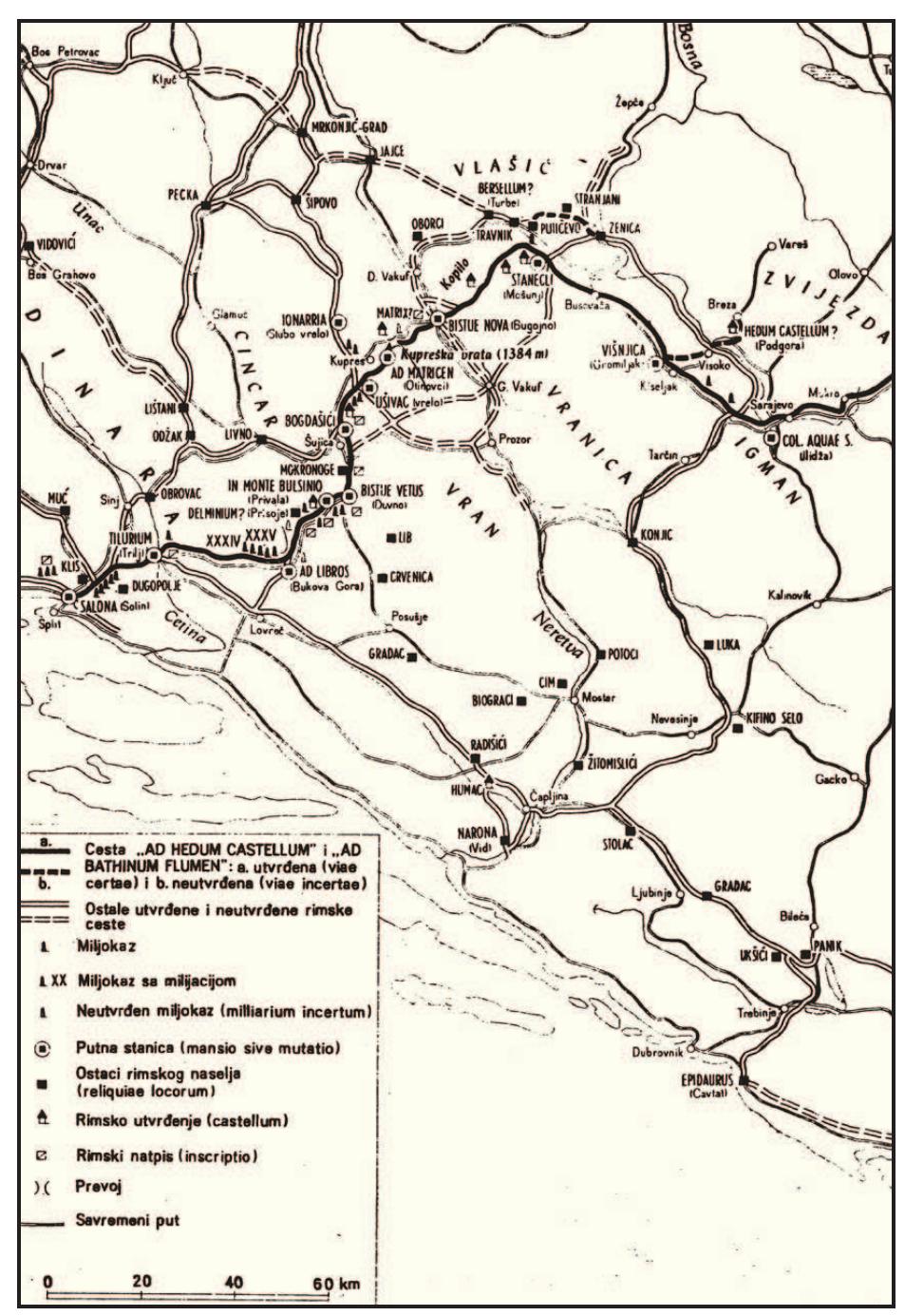 Figure 23. Roman road from Salona to Hedum castellum Daesi- tiatium, indicated by the bold line. Broken lines indicate uncerta- inty. Wide double lines represent other Roman roads. (from Boja- novski 1974: map 2; reproduced by permission of the Academy of Sciences and Arts of Bosnia and Herzegovina).  ad fines provinciae Illyrici and ad Hedum castellum Daesitiatium, 26 of the 61 recorded milestones bear the names of emperors. 