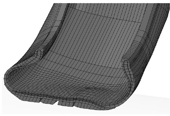 Detail of deformed tire model during cornering analysis, at