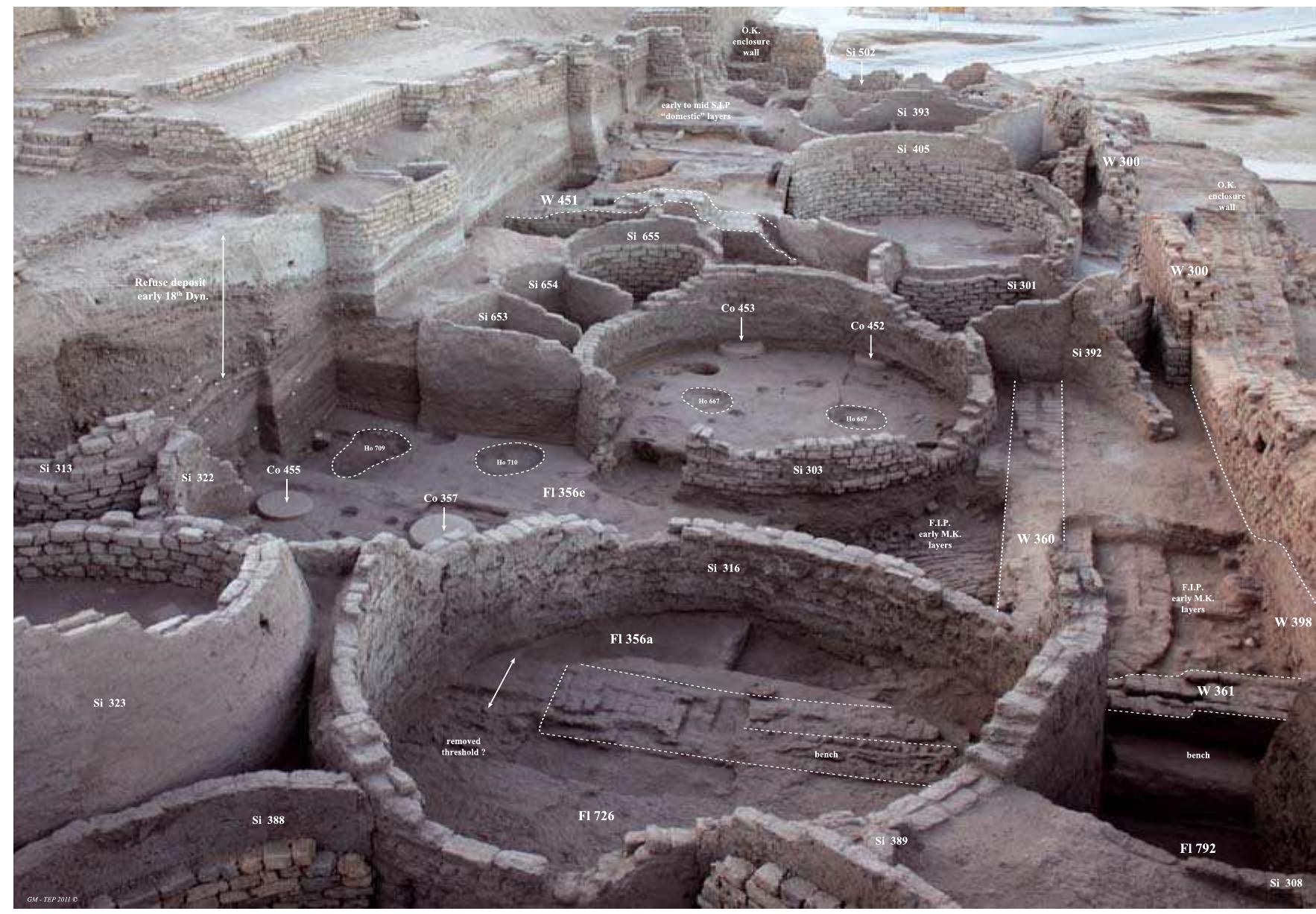 Fig. 3 South view of excavation area showing silos of the 17" Dynasty and underlying late Middle Kingdom columned halls 
