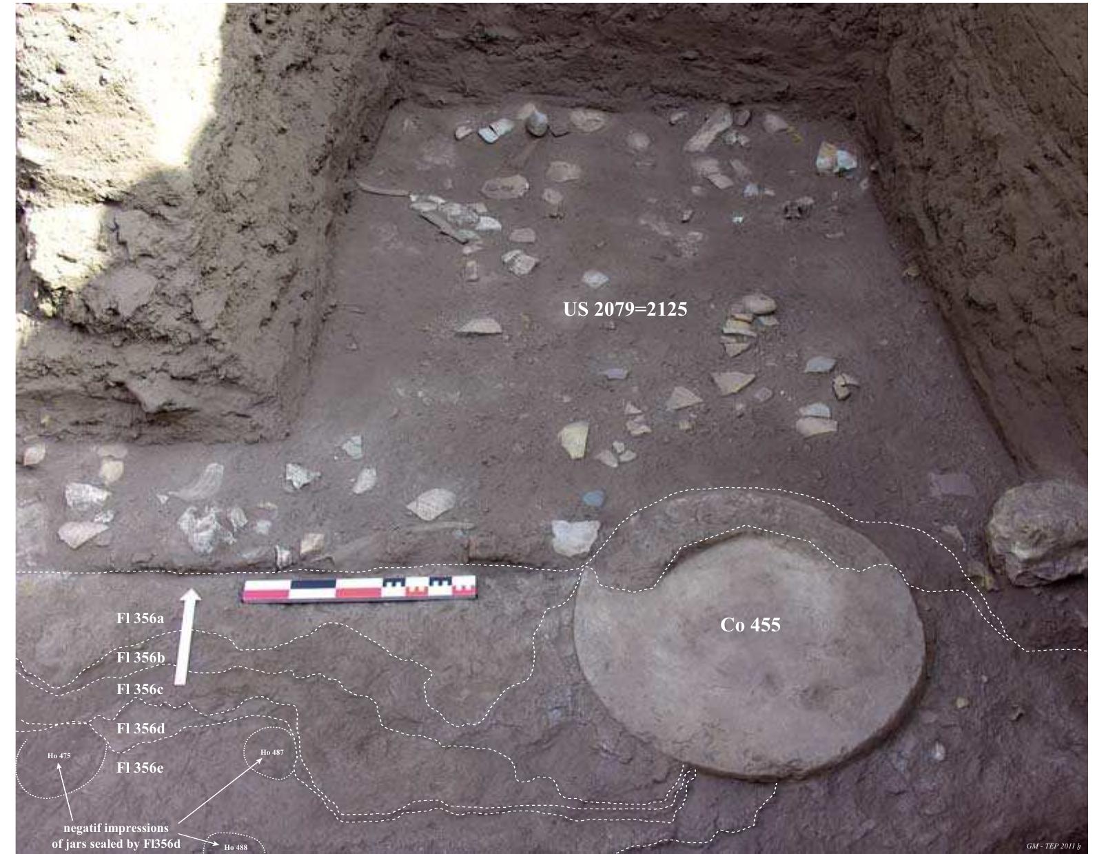Fig. 9 Final phase of occupation (US 2079) lying on top of the last floor level (Fl. 356a); regular phases of floor renovation are also visible (Fl. 356b-e) 