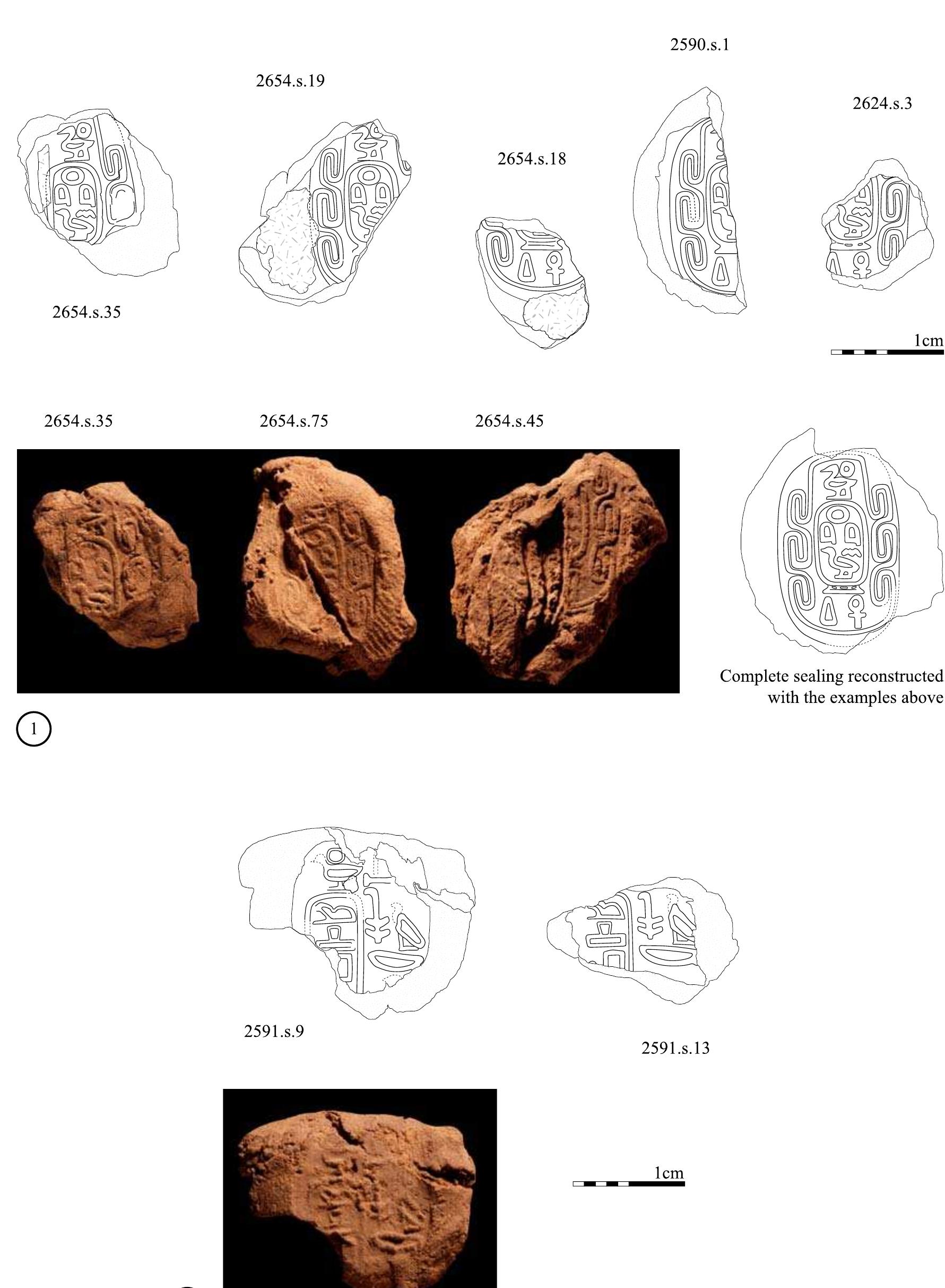 Discussion of late Middle Kingdom and early Second Intermediate Period History and Chronology 101]  Fig. 11 Royal name sealings found in the northern columned hall (US 2654 and US 2591) 