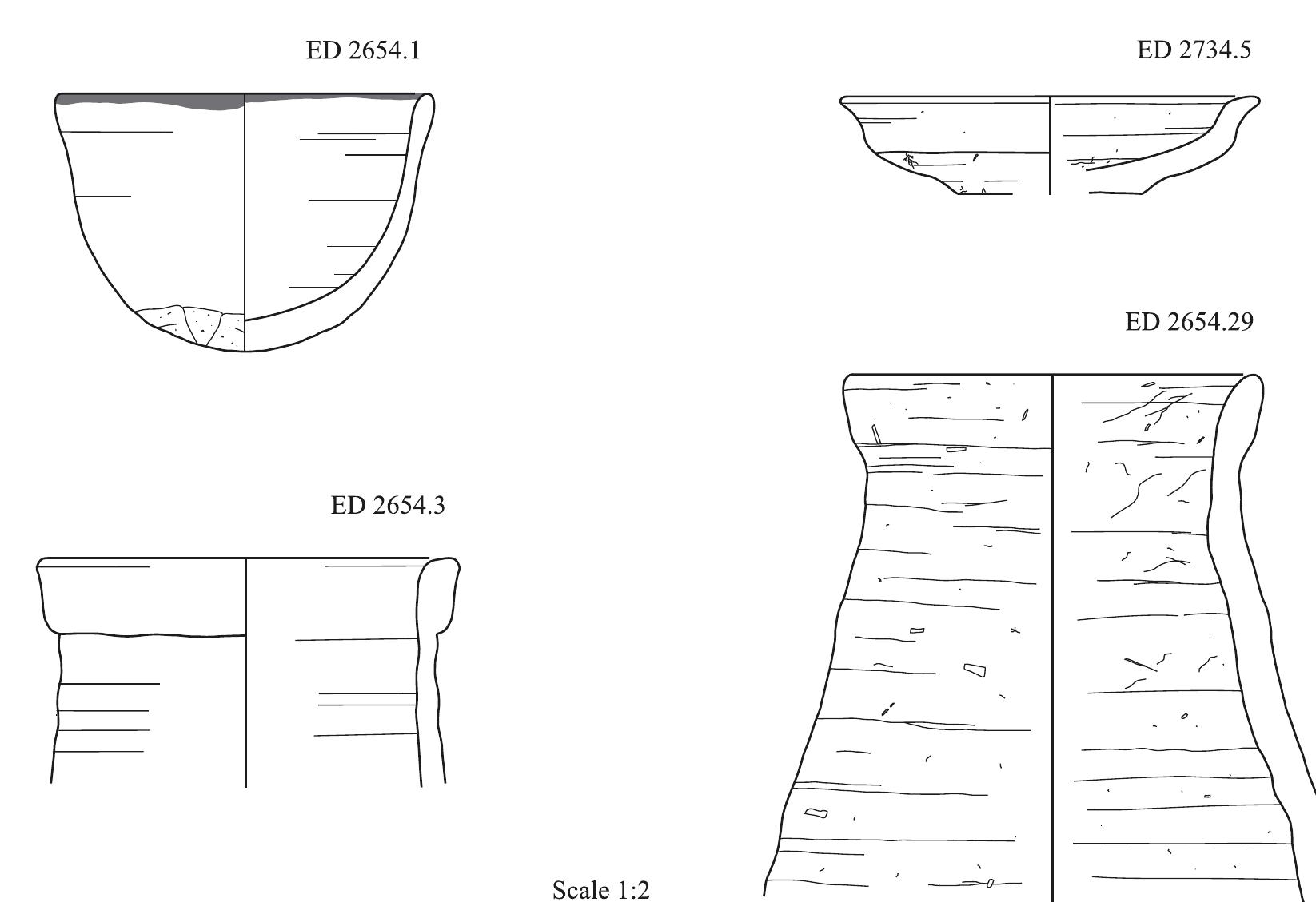 Fig. 16 Selection of pottery from the abandonment layer of the northern columned hall (US 2654)  The study of the pottery from this newly excavat- ed context is still in progress. Many of the shapes from the pottery assemblage found in the abandon- ment layer of the northern columned hall parallel those found in the final occupation layer (US 2079 = US 2280) and show a clear continuation of this late Middle Kingdom pottery style. This continuity includes a variety of small to large dishes and bowls in Nile B2 and C fabrics, bread moulds, and thin body sherds of Marl A3 jars/bottles displaying finely incised designs of horizontal, diagonal, and wavy lines. Kettle neck beer jars are still present. yet in a markedly reduced number than in the late Middle Kingdom layers. A small number of Nubian sherds come from the US 2654 context, including the base of a coarse cooking pot with   The marl shapes from US 2079 = US 2280 include sherds of Marl A3 jars/bottles and a ring base of a dish or bowl. Additionally, the base of a Marl C zir was recovered from the final phase of occupation. Marl C is not an Upper Egyptian fab- ric; rather it belongs to the Memphis-Fayum region and those vessels were imported to the south.'® To date, all of the Marl C sherds from Edfu belong to the ubiquitous Middle Kingdom zir. Sherds of Nubian Pan-grave cooking pots are not common but present, as they occur in all late Middle King- dom contexts at Edfu. 