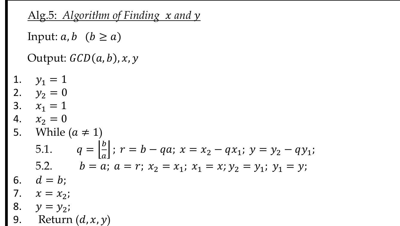 Hence, one way of finding x and y is to execute Euclidian algorithm. Then calculate x; and yi based on the equations above. Alg.5 is based on this idea. 