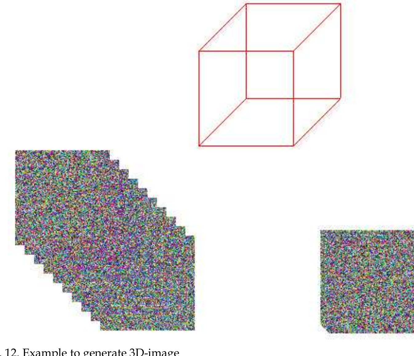 To explain the work of the algorithm, figure (5) shows the implementation of algorithm (8). This example used the 3D size (100*100*10), (i.e. the 3D consisted of 100,000 random colour pixels) that was used to generate a 3D mesh of control points, and the 3D mesh of size (50x50%x50), (ie. the mesh consisted of 125,000 control points), and equal increment values between the control points. Figure (12) shows the results:  6. Clipping symmetric keys from the 2D and 3D images using the bezier curve method 