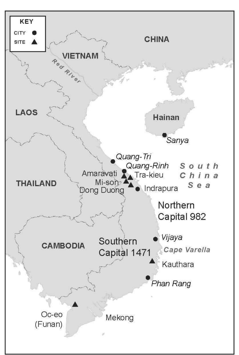Figure 1: The Northern and Southern capitals of Champa  The linguistic record makes it clear that the modern Hainan Cham, found near Sanya City, and the Northern Roglai, now found in southern Vietnam, were once the same group.” However, one part of the group is now on Hainan Island and the other part is now inland in southern Vietnam; the 
