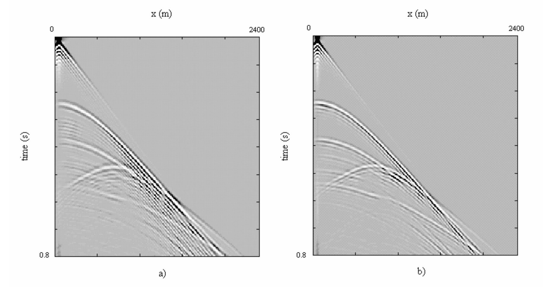 Shot records for a 10m (a) and 1m (b) spatial sampling grid.