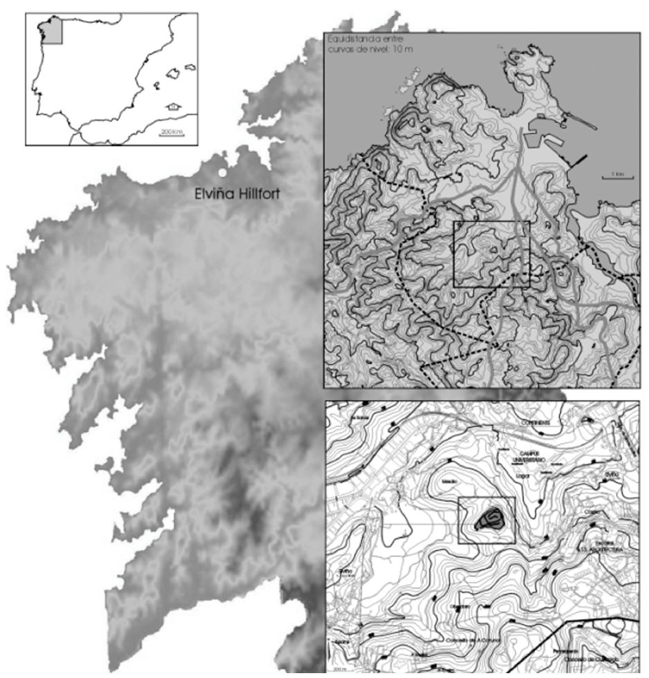Until now, Landscape Archaeology has been the investigative strategy applied in order to develop this integral programme. Now, the aim is to also include Architectural Archaeology in these projects of applied investigation, thus contributing to the evaluation of the archaeological record and widening its prospects for appraisal.  Figure 1. Situation of Elvifa hillfort, in NW of Spain 