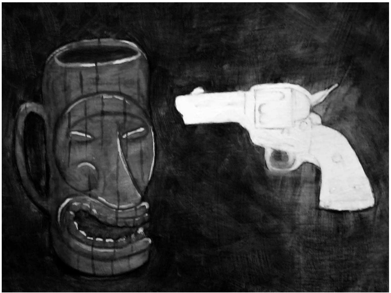 Gunboat (oil on panel, 8 in. x 10 in., Private Collection, Los Angeles). Gunboat was the term for naval vessels carrying cannons that patrolled the Pacific Islands for various colonial governments. The kitsch tiki mug  represents to me the image colonialism tries to embody us within, a dead and ugly and abject condition. The white gun to me represents colonialism.  Were it not for English war ships and occasional displays of naval force, few missionaries or traders in these archipelagoes would lay them down at night with untroubled minds. The gunboats of Great Britain are constantly engaged in police ser- vice throughout these seas, prowling from place to place, ap- pearing unexpectedly here and there, and often being called upon to make a demonstration of force in order to keep the na- tives on their good behavior. Fiji, the Navigators [Samoa], and other groups have for a long time been reasonably quiet, or at least—as about Apia—have indulged only in tribal conflicts and family feuds; but the leaven of barbarism still remains ev- erywhere, and if British guns were withdrawn both mission stations and trade factories would no long survive. 