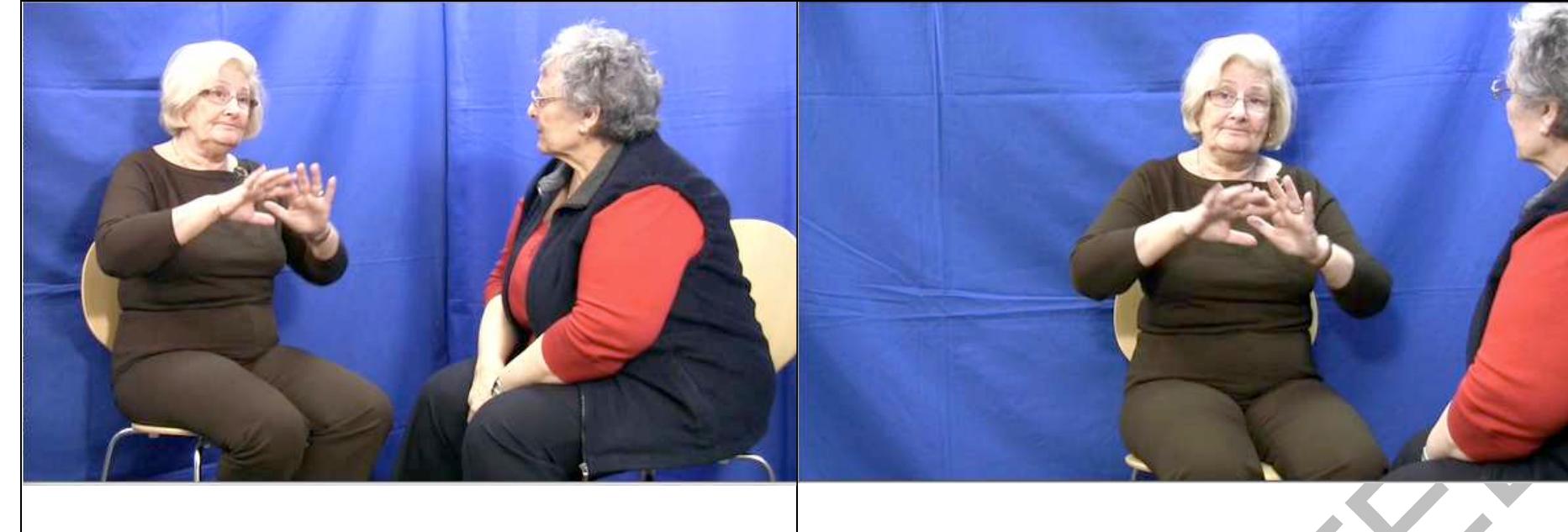 It is also necessary to give clear consideration to the layout and location of the filming studio and the pairing of participants in order to maximise the quality and range of the data collected. For the BSL Corpus, participants were filmed tn,pairs with one high definition camera focused on each participant and a third focused on both members of the pair, resulting in two views of each participant, as shown inmFigure 1. In the DGS corpus project, five cameras were used, with two additional cameras positioned above the signers to give a bird’s eye view of their hands moving in the signing space around their body (Hanke, Konig, Wagner, & Matthes, 2010). BSL Corpus participants were seated in chairs without arms (so they could not rest their elbows during signing which may interfere with sign language production), in front of a blue background screen with appropriate studio lighting, and inplain coloured clothing on the upper body in order to ensure the best possible capture of the sign language data. Participants were always filmed in pairs with another persorof a similar age and in a mixture of mixed and same- sex pairs. They were also pairéd*with someone familiar to them (i.e., were friends or acquaintances) as one of the tasks required them to engage in spontaneous conversation for 30 minutes. Pairs of participants in a long-term relationship (particularly retired married couples)werewnot filmed together, because, in these cases, the conversational data obtained :wasyoften not natural due to a high level of familiarity. Filming sessions were always located in settings familiar to the participants, such as deaf social clubs and the offices of deaf organisations, to ensure that participants felt comfortable and that it was appropriate to use a relatively informal variety of BSL.  