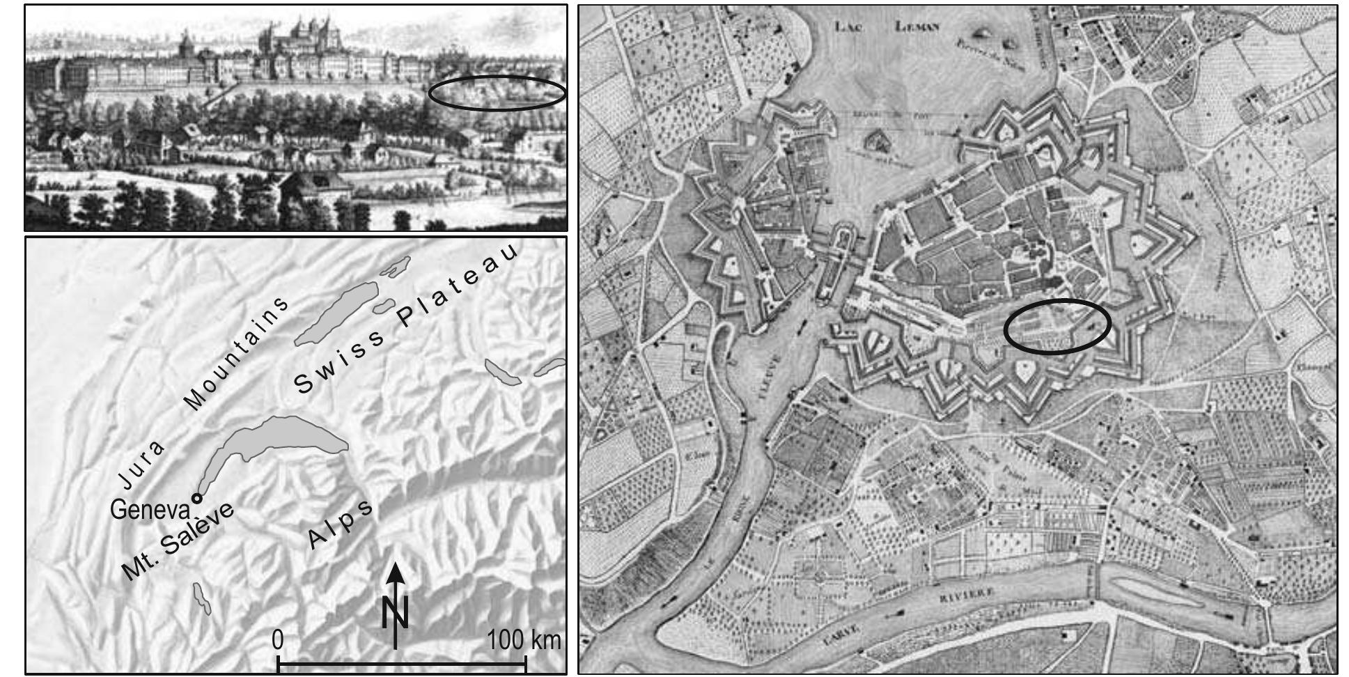Fig. 1. Approximate location of the weather station of Geneva in 1799-1821 in a contemporary view (top left panel) and map (right panel of the city. The bottom left panel shows the topography of the region (relief: Eidgendssische Erziehungsdirektorenkonferenz). 