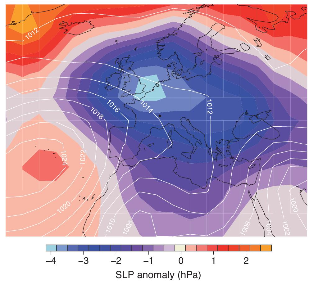 Fig. 7. SLP anomaly for summer (June to August) 1816 with re- spect to the reference period and absolute SLP values (white con- tours). The dot marks the location of Geneva. 