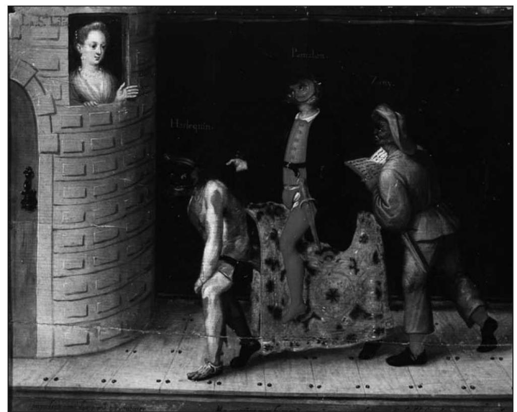 Fig. 1. The Serenade, oil on panel, 38 x 47.5 cm. Palacio Real de la Granja de San Ildefonso, Segovia (11981). © Patrimonio Nacional Madrid  1580s creation of, and meteoric success as, Harlequin, and final years, com- plete a book that all serious scholars and students of the commedia dell'arte will want to own. To the iconographic documents of Harlequin considered by Ferrone may now be added three of a series of four painted panels identi- fied by Alicia Alvarez Sellers, catalogued since at least 1746 in Spain, where Martinelli’s troupe are documented in 1587-88.> Harlequin Disguised (Plate 1) The Serenade (Figure 1), and Zany, Harlequin, Francisquina (Figure 2) are variants of woodcuts in the well-known Recueil Fossard series. Lilia, Lean- dro, Pantalon, Zany has no known close compositional variants (Figure 3). The theme of Italian troupes in late sixteenth-century Spain is also addressed by Bernardo José Garcia Garcia, Maria Grazia Profeti, and Maria Del Valle Ojeda Calvo, three of the eleven contributors to Testaverde’s invaluable edited collection on the commedia dell'arte’s generic comic male servant role Zanni, and magisterially revisited in Ojeda Calvo’s monograph.‘ Important outputs of Testaverde’s project, ‘Il patrimonio teatrale: atlante storico, metodiche e strumenti multimediali di valorizzazione’, include her own co-edited collec- tion of commedia dell'arte scenarios, and Alessandra Mignatti’s monograph on Zanni’s origins.> 