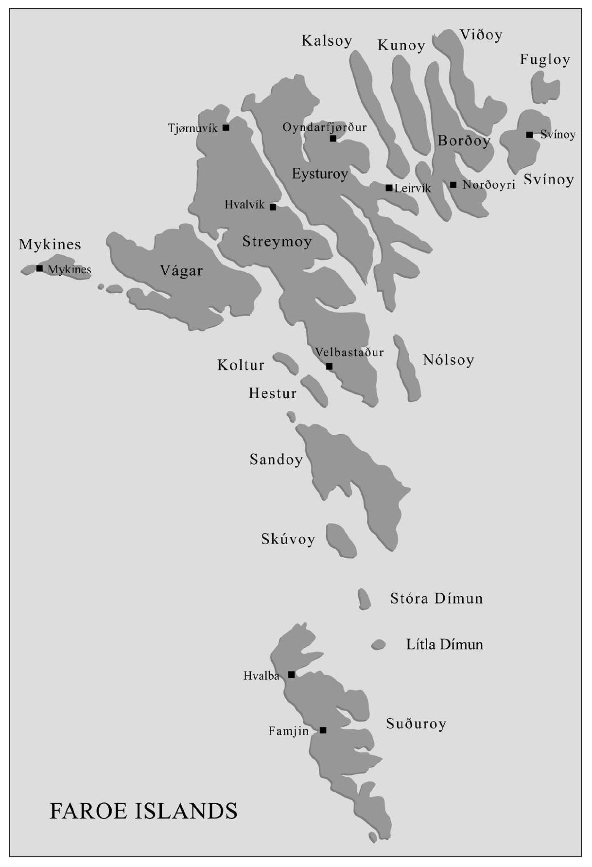 Figure 1. Map of the Faroe Islands with sites mentioned in the text indicated. Computer-graphics: I. Seiten. several occasions, did show an interest in them , and noted: “In the Catholic peri- od there were besides churches at many places, so-called ,,Bonnehuse“, of which there can still be seen remains on some there can still be seen remains on some 