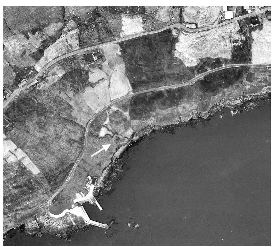 Figure 4. Aerial photograph of church site at Velbastadur on Streymoy. The diameter of the enclo- sure is approximately 20 meters. Photo: Faroese Cadastral Office (Matrikulstovan) 1994. 