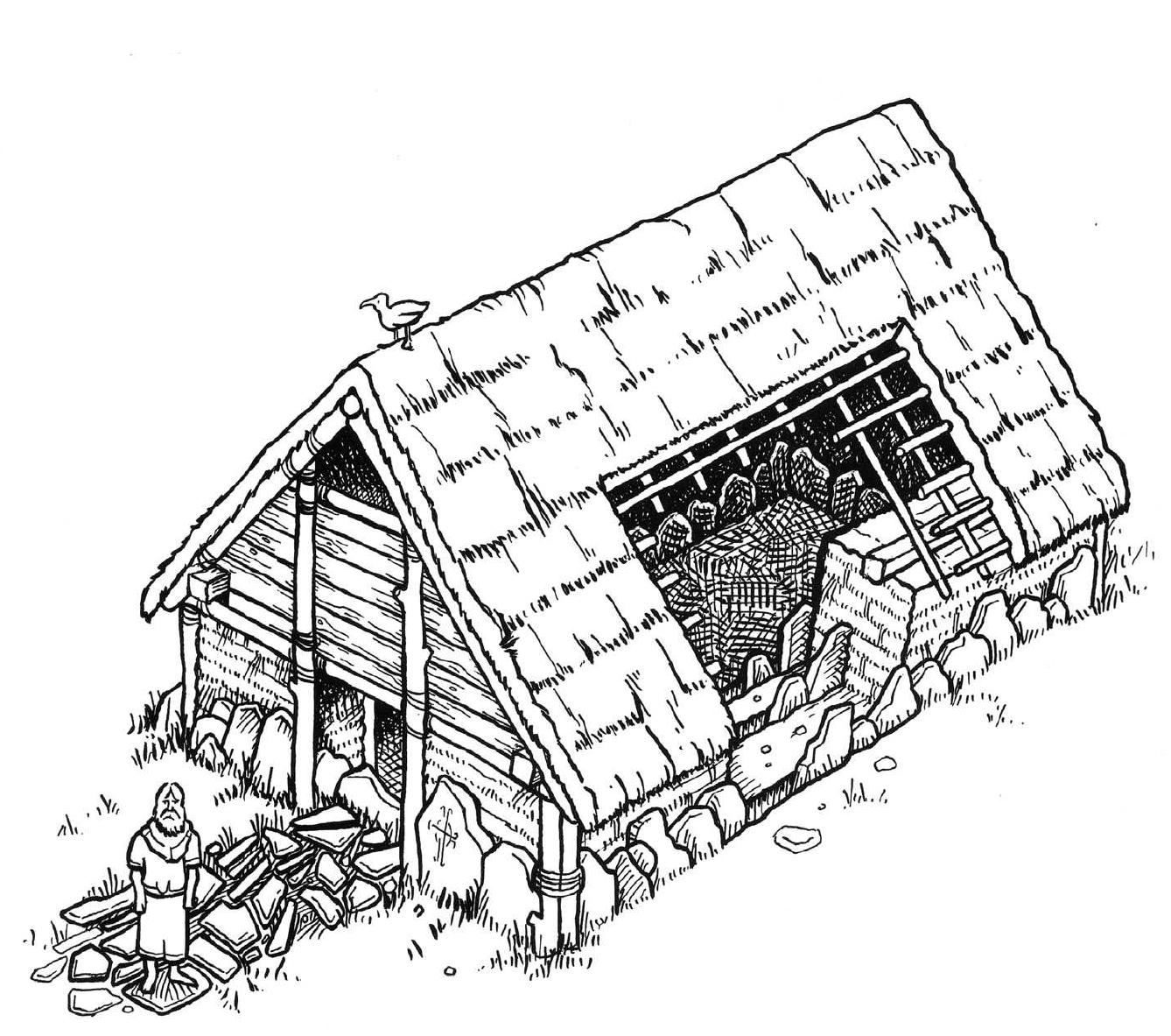 Figure 10. Conjectural reconstruction of the early church at Illaunloughan, Co. Kerry, Ireland (after White Marshall and Walsh 2005, fig.19b). 