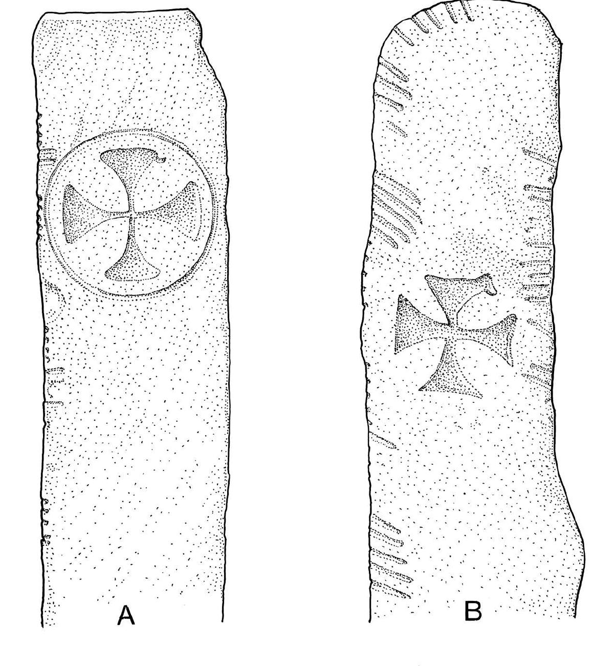 Figure 14. Crosses with chi-rho motifs from the ogham stones at Arraglen and Killeenleagh, both Co. Kerry. 