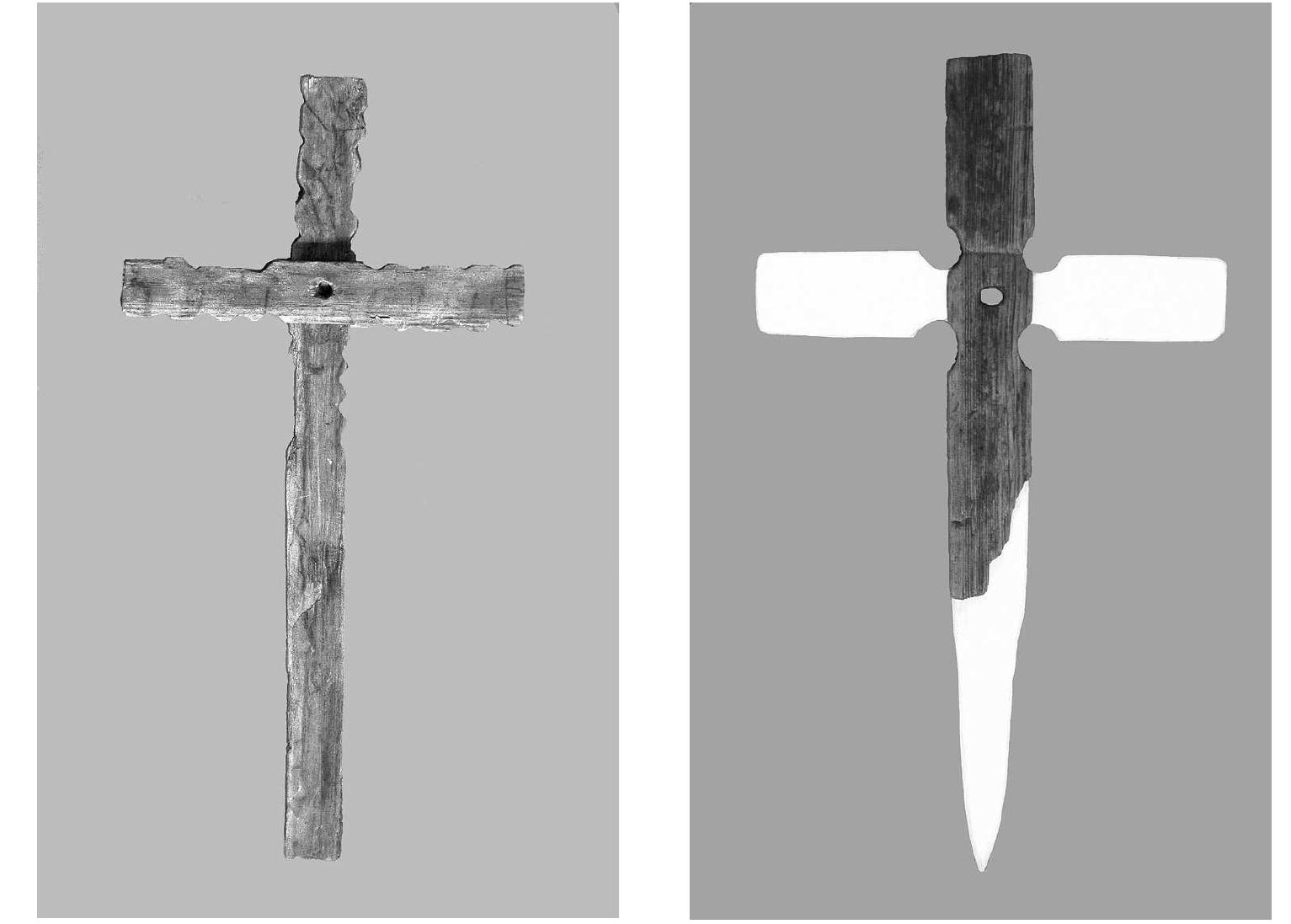 Figure 15. a: wooden cross from Toftanes in a length of 38.5 cm; b: fragment of wooden cross from Toftanes preserved in a length of 35.0 cm. Photo: Haldane Joensen/Foroya Fornminnissavn. 