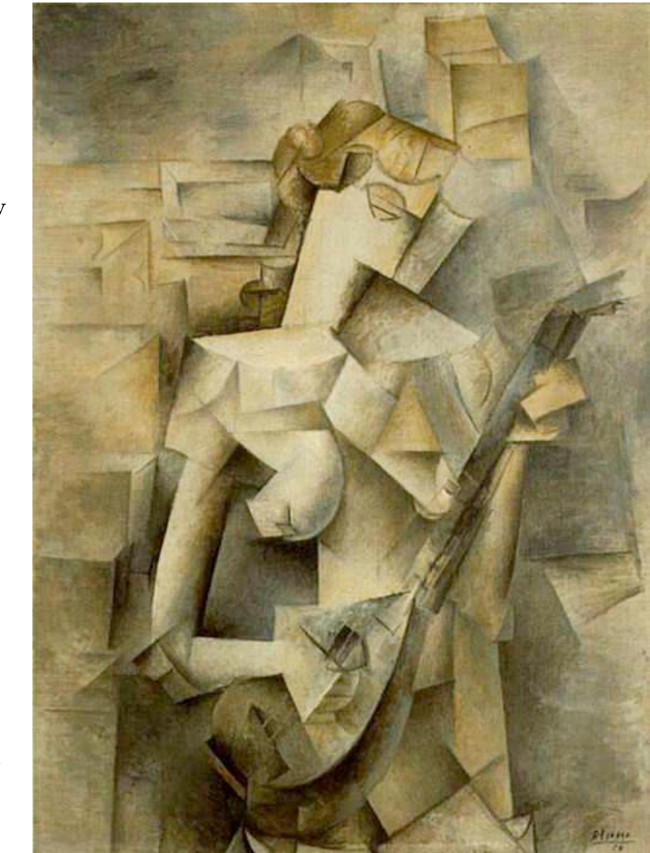 photographic “trivial image” in the canvas, to adopt Baudelaire’s phrase), but not enough to keep our attention, which is continuously deflected onto “irrelevant” ambient detail. Another part of the difficulty in seeing cubism is the “absence” of color—the paintings’ fustian look of old brick, wood and mud; and part is due to the frustrating cat-and-mouse game of identifying fragmentec objects—a game that seldom comes to a satisfying conclusion. One does not finish looking at a Cubist painting of 1911-1912 with an exhilarated “Oh, that’s it!” but rather, in half-defeat, one walks off to the next painting, hoping to do better.  “geometric solids” recall furniture) and turn into flesh. The incarnated void is never entirely skin  the difficulty in seeing cubism is the “absence” of color—the paintings’ fustian look of old brick, 