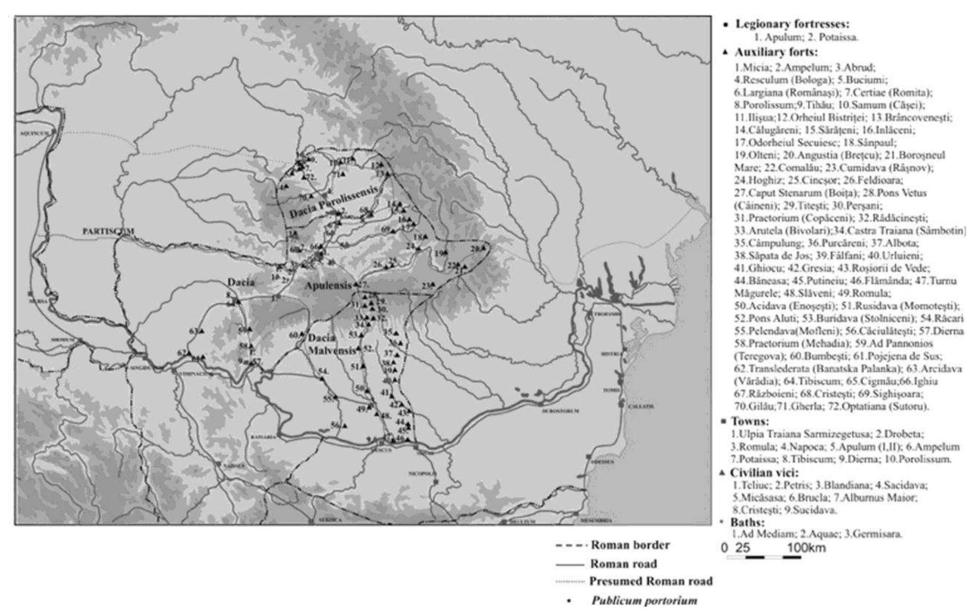 Figure 3. The three provinces of Dacia after the Marcomannic wars (Dacia Porolissensis, Dacia A pulensis, Daci Malvensis). 