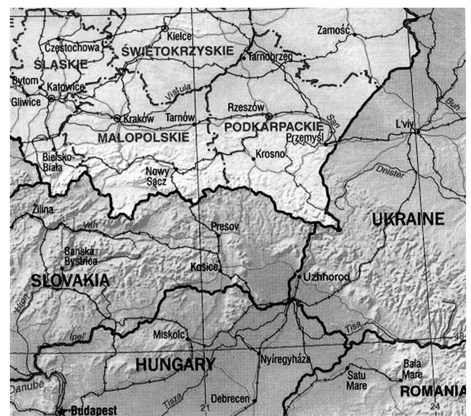 Figure 4. Upper Tisa river region and the basin of the river San in Southern Poland. 