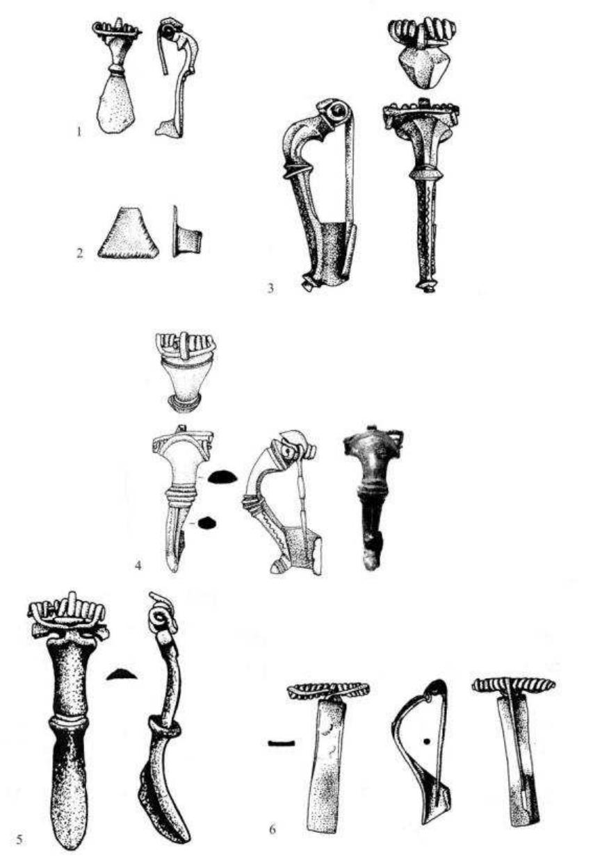 Figure 5. 1-5 Roman strongly profiled bronze brooches: Acas (1), Lazuri (2,3), Sacuieni (4); 5-6 early barbarian brooches: ,,Augenfibel” from Zalau (5), Almgren 84 type from Zalau (6) (after Matei, Stanciu 2000). 