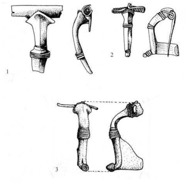 Figure 6. Barbarian types of strongly profiled bronze brooches: Almgren 92 type from Ilisua (1), Porolissum (2), silver trumpet shape brooch from Ilisua (3). 