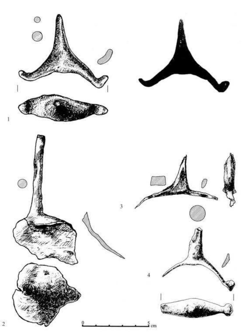 Figure 11. Iron sword and spearhead from Boinesti (1), (after Matei, Stanciu 2000); iron shield bosses of type Zieling E2 and Zieling B1 and handdle from Badon-Doaste, grave 3 and 4 (2) (after Stanciu, Matei 2006).  Figure 12. Iron spur from Zalau (1); iron shield boss of type Jahn 7a from Zalau (2); iron spurs from Mediesul Aurit-Suculeu (3, 4) (after Matei, Stanciu 2000). 