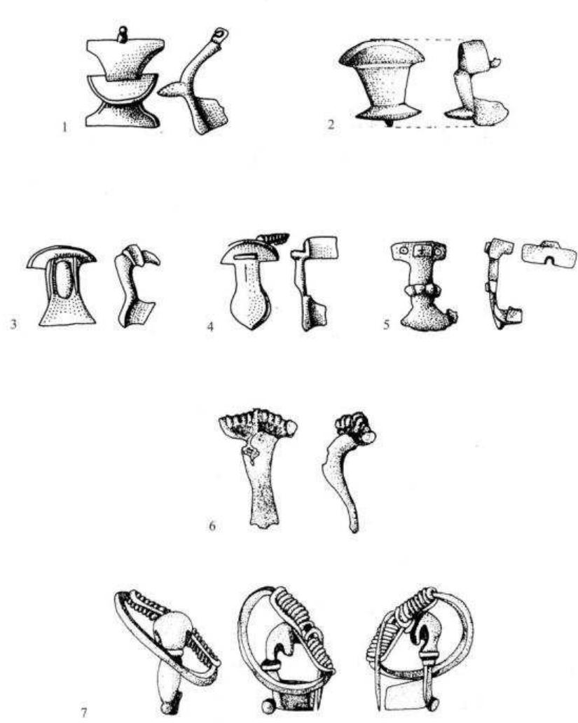 Figure 9. Other barbarian bronze brooches: Almgren 43 from Porolissum (1), Almgren 129 from Porolissum (3), Ilisua (2), Porolissum (4, 5), Cluj-Napoca (6, 7- silver). 