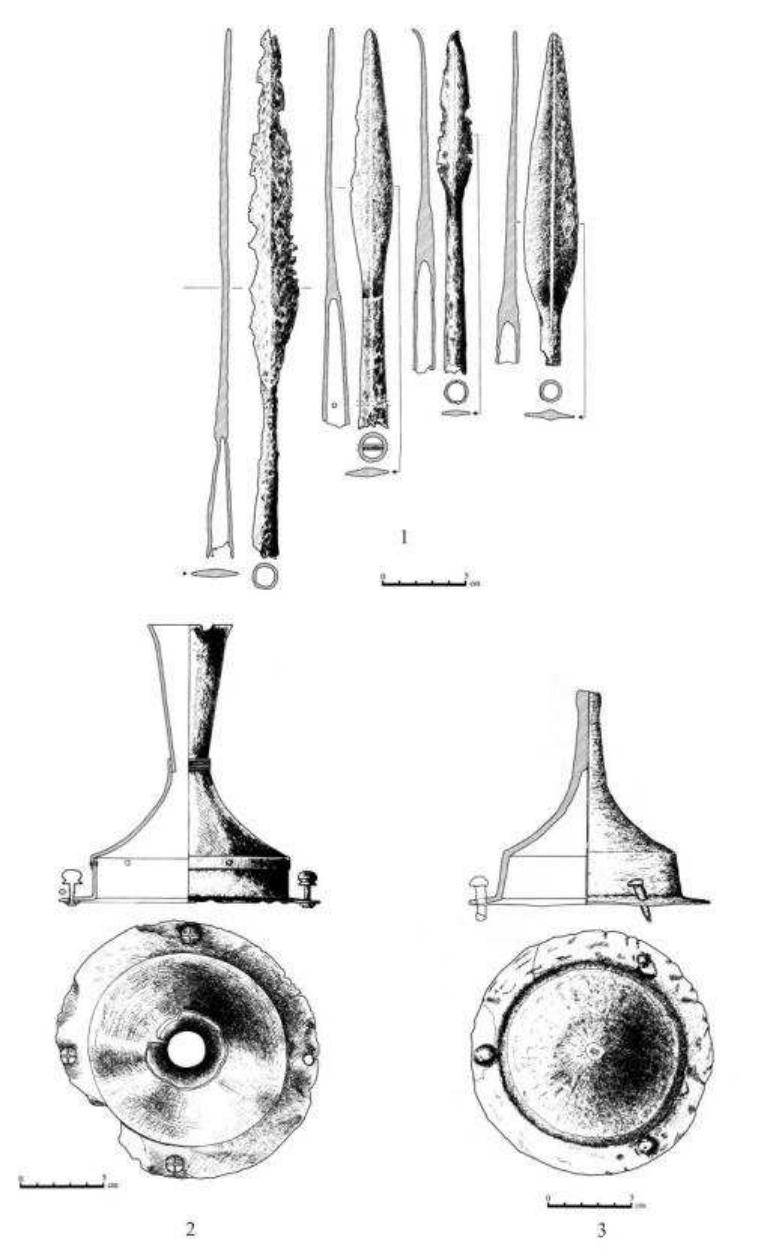 Figure 10. Iron spearheads from Mediesul Aurit- Suculeu (1); shield iron bosses from Mediesul Aurit-La Lesu, grave 41, Jahn 7a type, Zieling B2c type (2), Boinesti, Jahn 7a type (3) (after Matei, Stanciu 2000). 