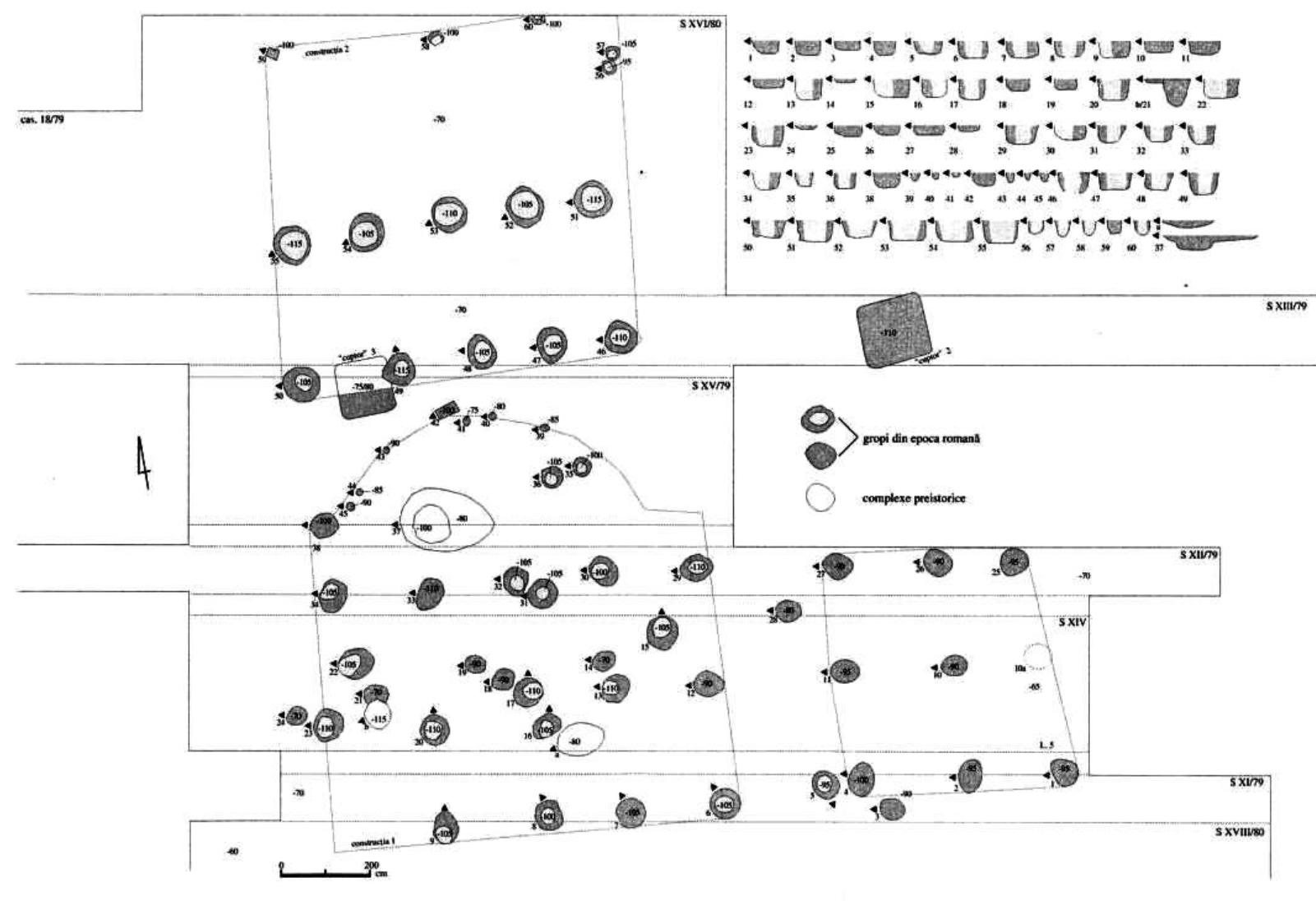 Figure 15. Plan of the excavation in the settlement a Zalau-Bul. Mihai Viteazul with rows of rectangular pits (after Matei, Stanciu 2000).  Figure 14. Silver brooches type Almgren VII.211, from Zalau (1) and Mediesul Aurit-“La Lesu’” (2); Mediesul Aurit-“La Lesu” (4) and Valea lui Mihai (3); silver prestige brooch from Culciul Mare(5). 