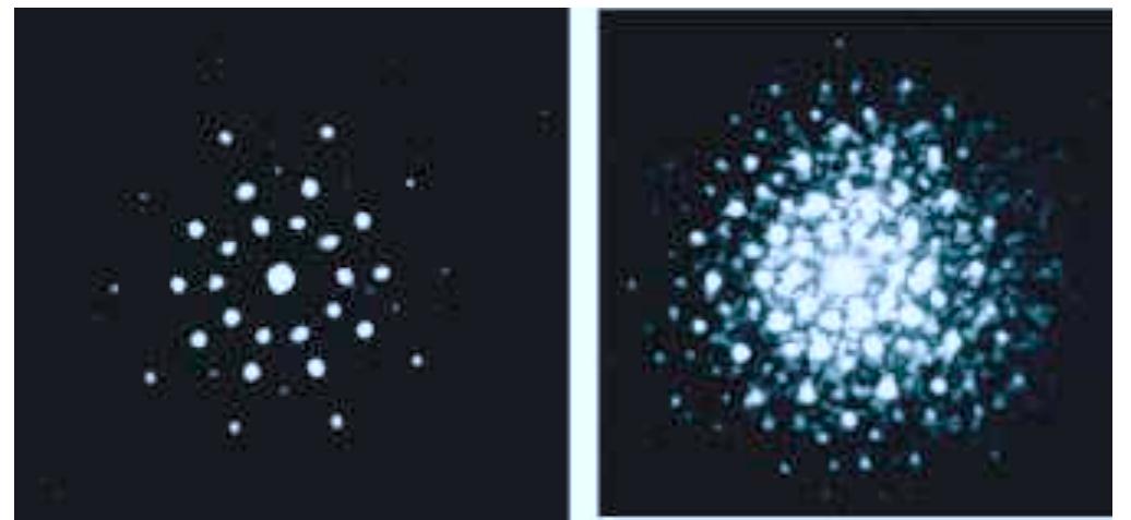 Photographs of two laser diffraction patterns taken at