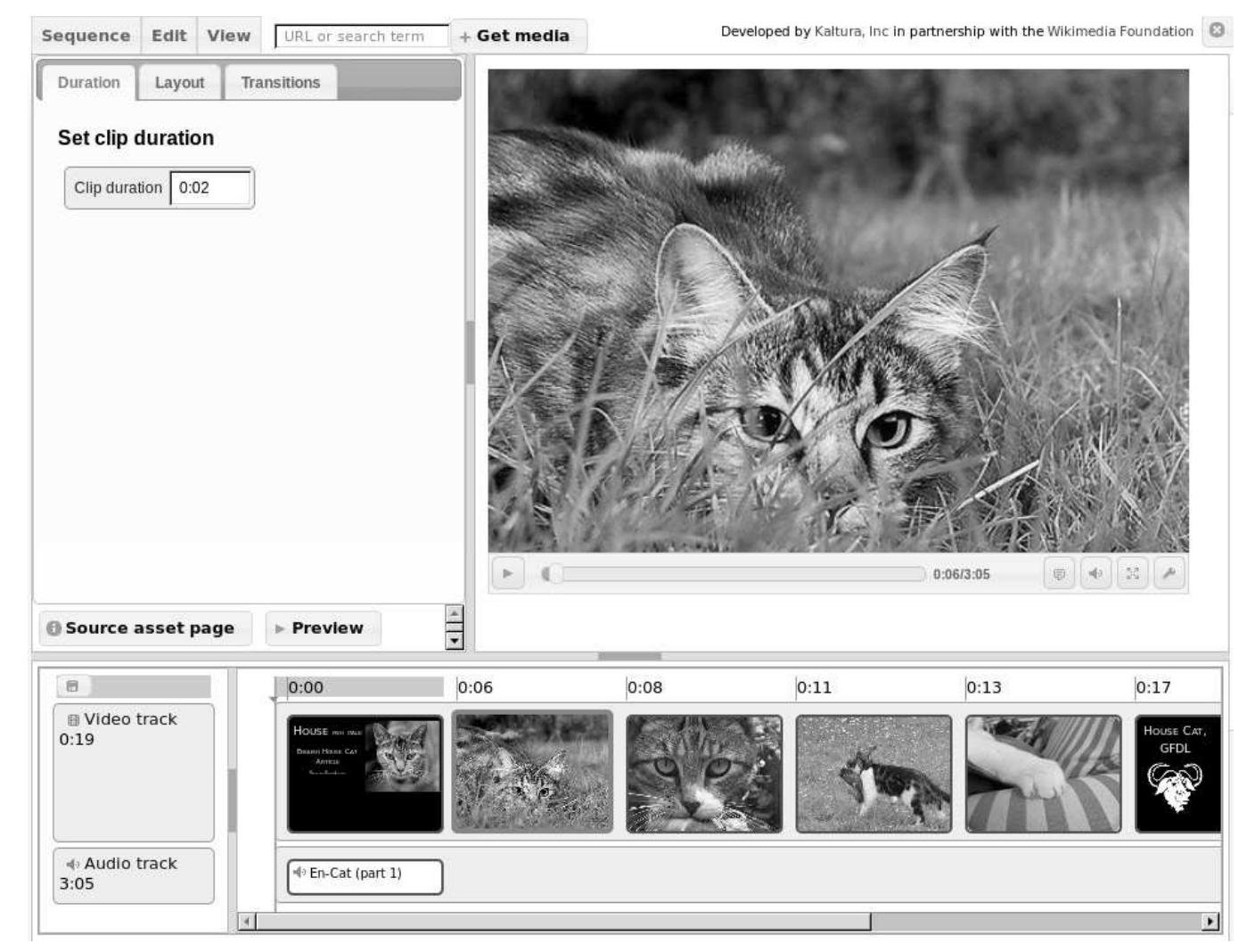 The HTML5 media sequencer, jointly developed by Kaltura and Wikimedia are currently in testing, enables users to stitch openly-licensed assets into long-form video entries. This browser-based collaborative editing holds tremendous potential for archival reuse and new media education. [Image by User Mdale CC-BY-SA 3.0] 
