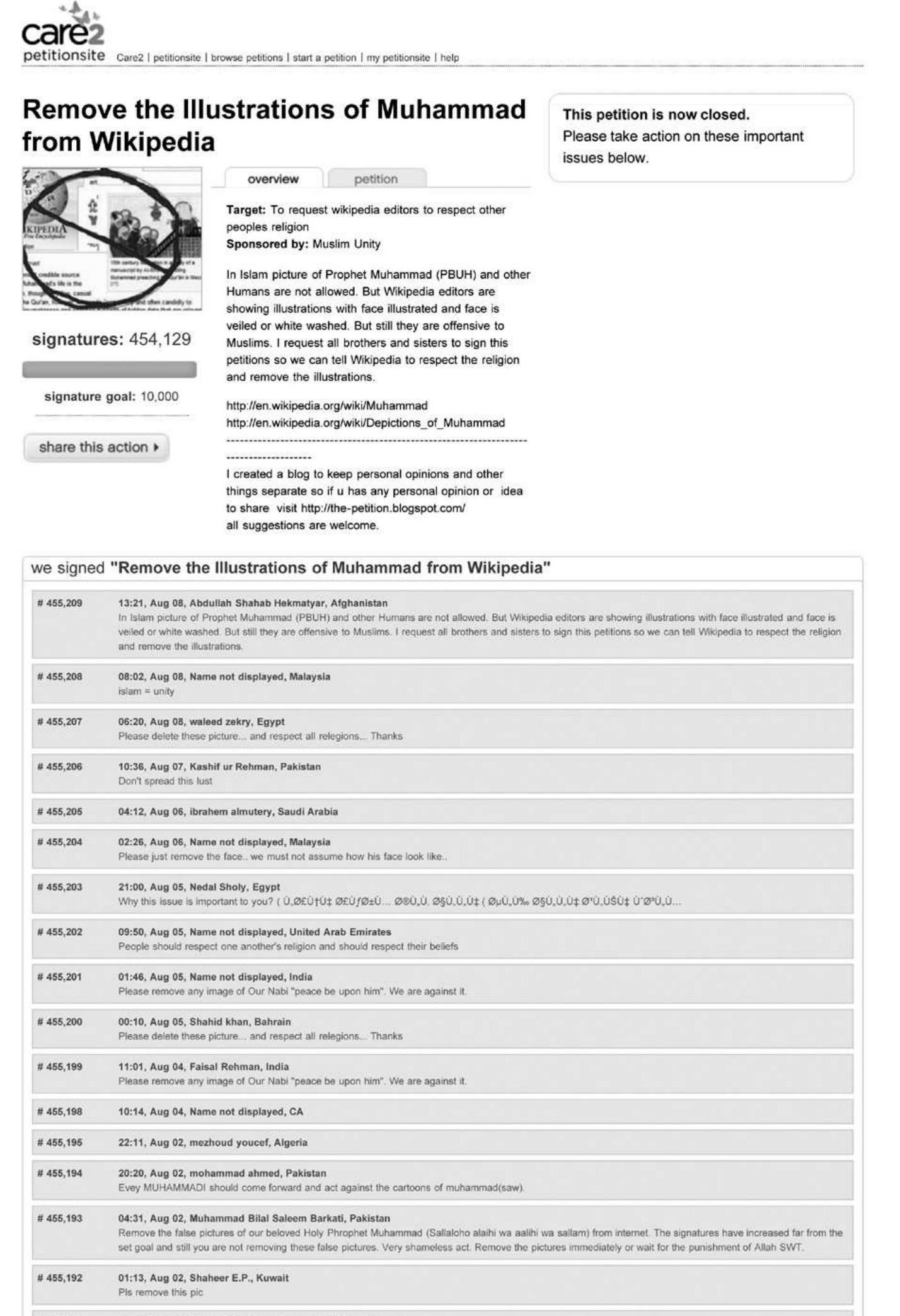 Source: http://www.thepetitionsite.com/2/removal-of-the-pics-of-muhammad-from-wiki%2Opedia [15/04/2010].°” 