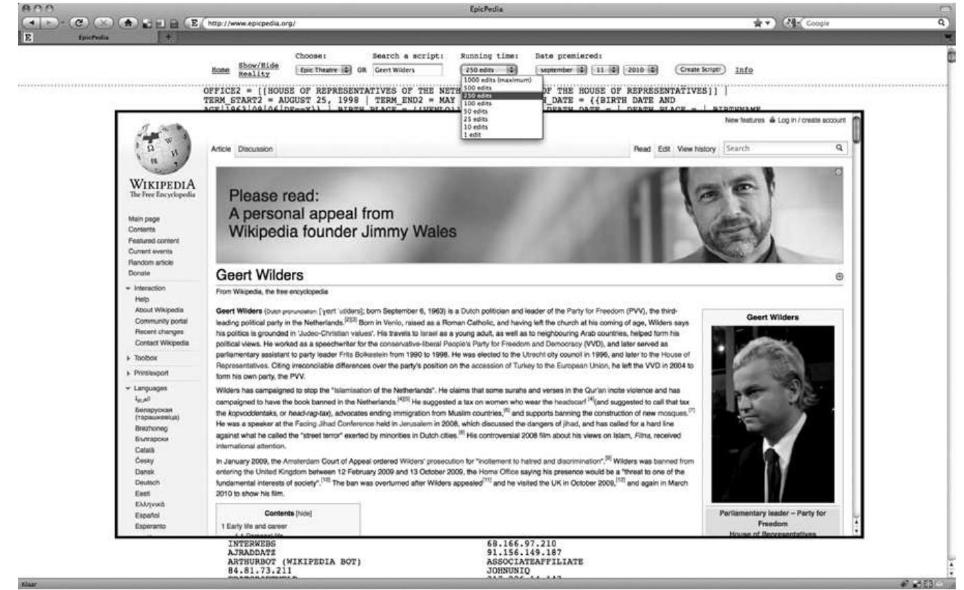 Figure 1: Epicpedia screenshot  Wikipedia’s current crisis and stagnation is the latest in a history of disappointed hopes in collaborative media: from hypertext and hyperfiction to Pierre Levy's ‘collective intel- ligence’, peer-to-peer networks, Creative Commons, blogs, and wikis. Jeanette Hofmann describes their dynamics as cycles of emancipation and regulation, idealistic beginnings and disappointment. But sometimes, even the utopian premises have never been what they are commonly believed to be. Hopes that Wikipedia will stimulate young people to criticize neoliberal economics — to paraphrase Gérard Wormser — clash with the fact that the Wikipedia project was historically founded on the extreme neoliberal philosophy of Ayn Rand. Jutta Haider’s and Olof Sudin’s reading of Wikipedia as a ‘space, justifiably called a heterotopia’, ! echoes ill-fated 1990s attempts to claim hypertext for postmodern theory * and lacks firsthand knowledge of Wikipedia’s editorial politics. °   FLORIAN CRAMER 