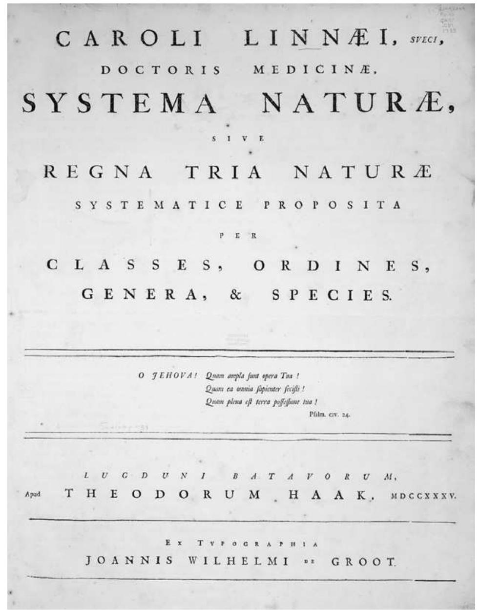 Figure 1. Cover page of Linnaeus'’s first edition (1735) of Systema Naturae. 161” 