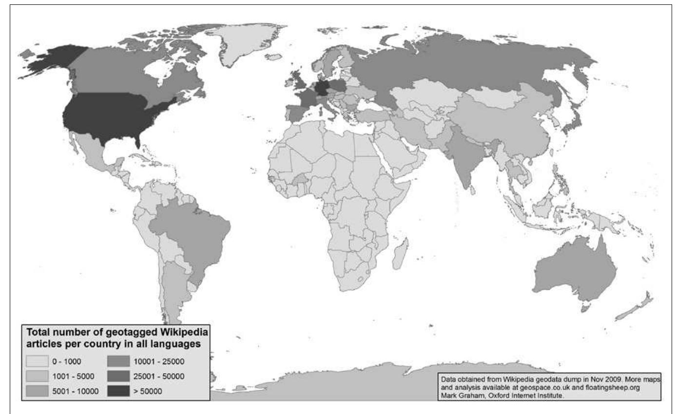 Figure 1: Total number of Wikipedia articles geotagged to each country. 