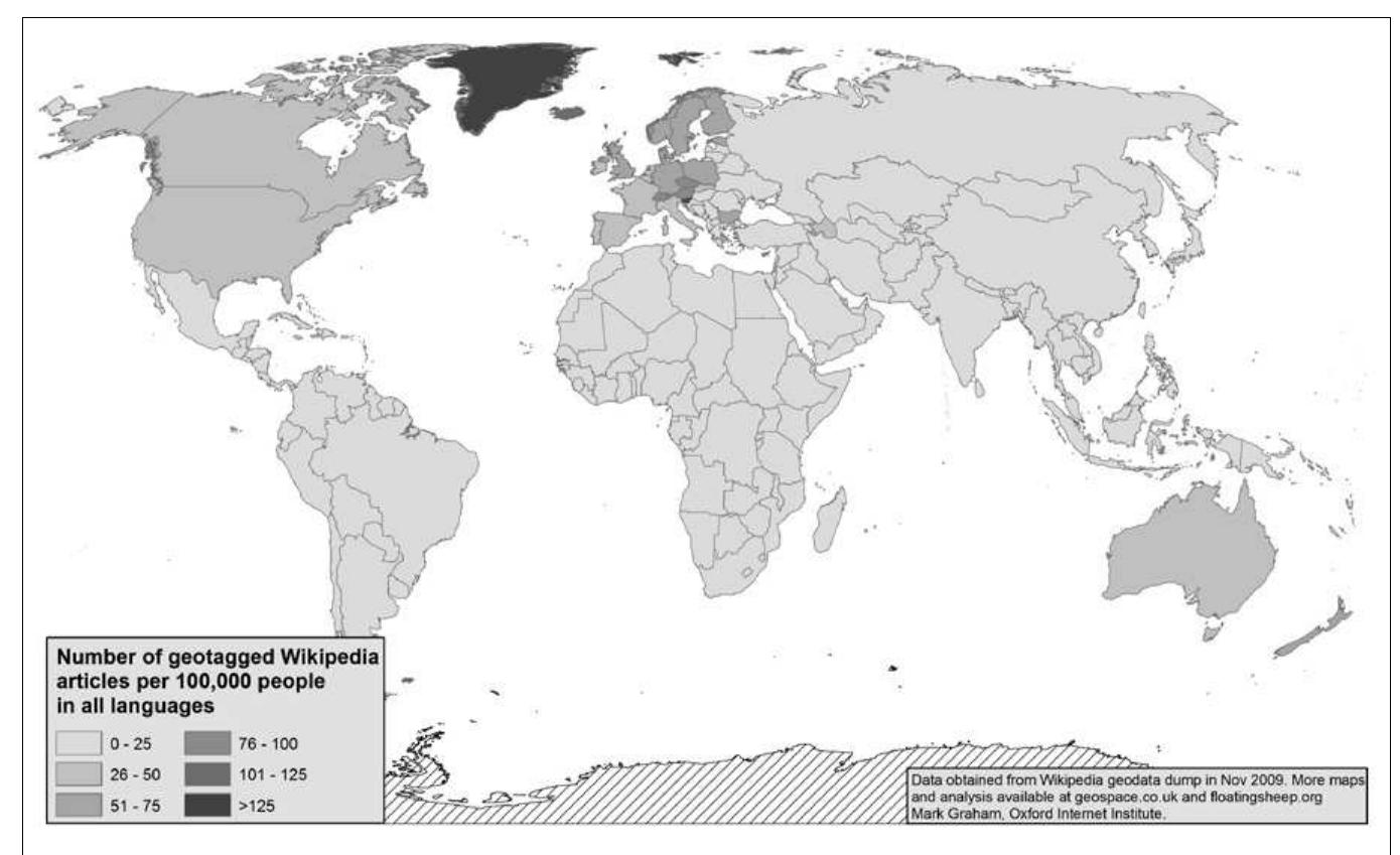 Figure 3: Total number of Wikipedia articles per 100,000 people. 
