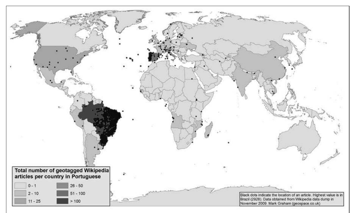 Figure 5: Total number of geotagged Wikipedia articles per country in Portuguese. 
