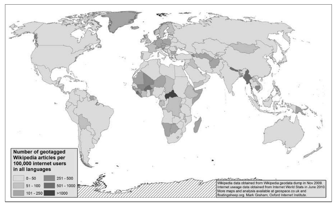 Figure 6: Number of geotagged Wikipedia articles per 100,000 internet users. 