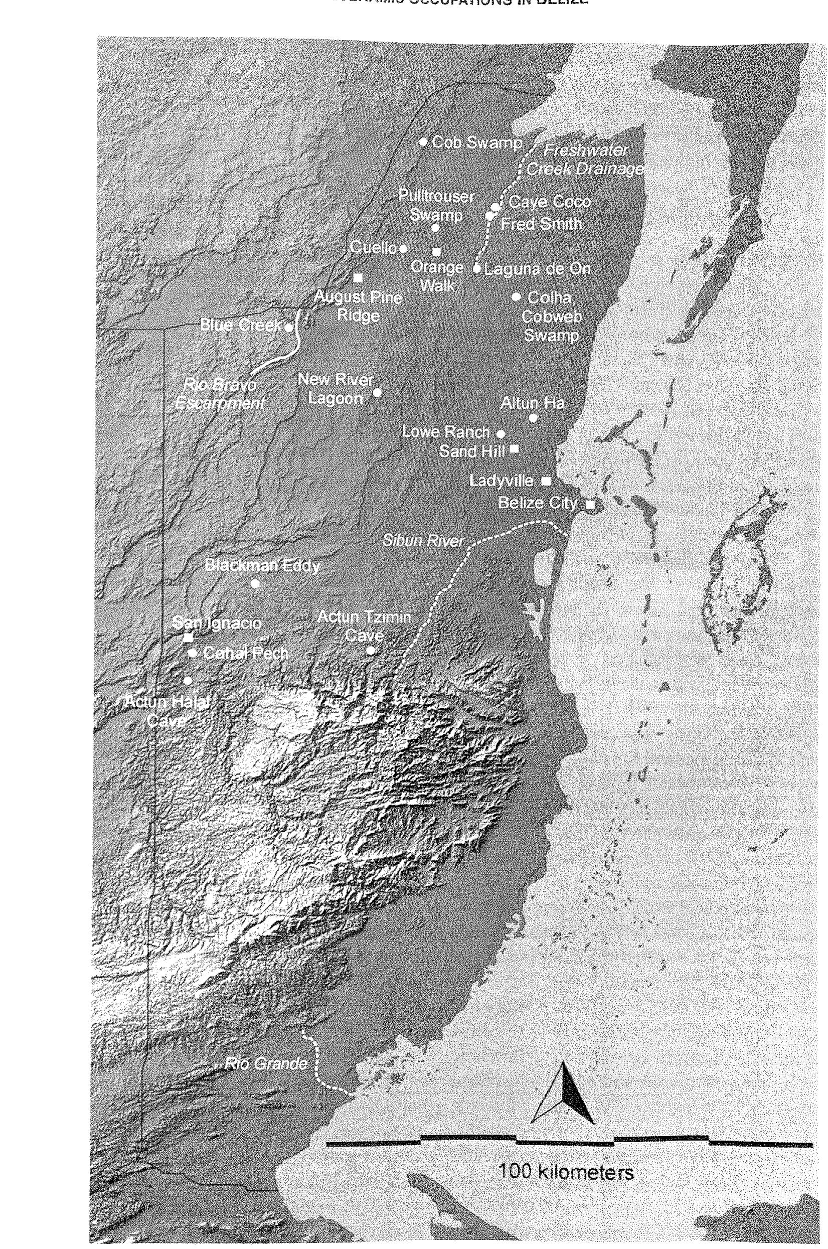 Map of belize showing locations of sites, towns, and natural