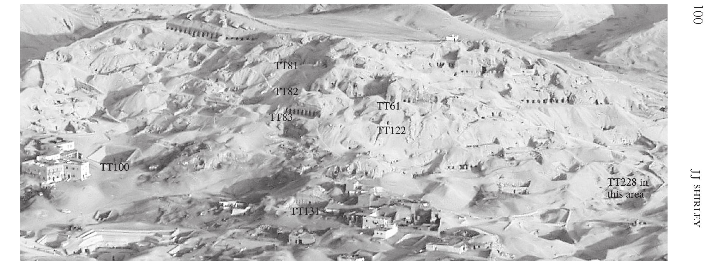 Fig. 5 Theban Necropolis, Sheikh Abd el-Qurna, detail of upper slope, with tombs mentioned in the text labeled. Photo: Raimo1 Spekking/Wikipedia — Licence: CC-by-sa-3.0. 