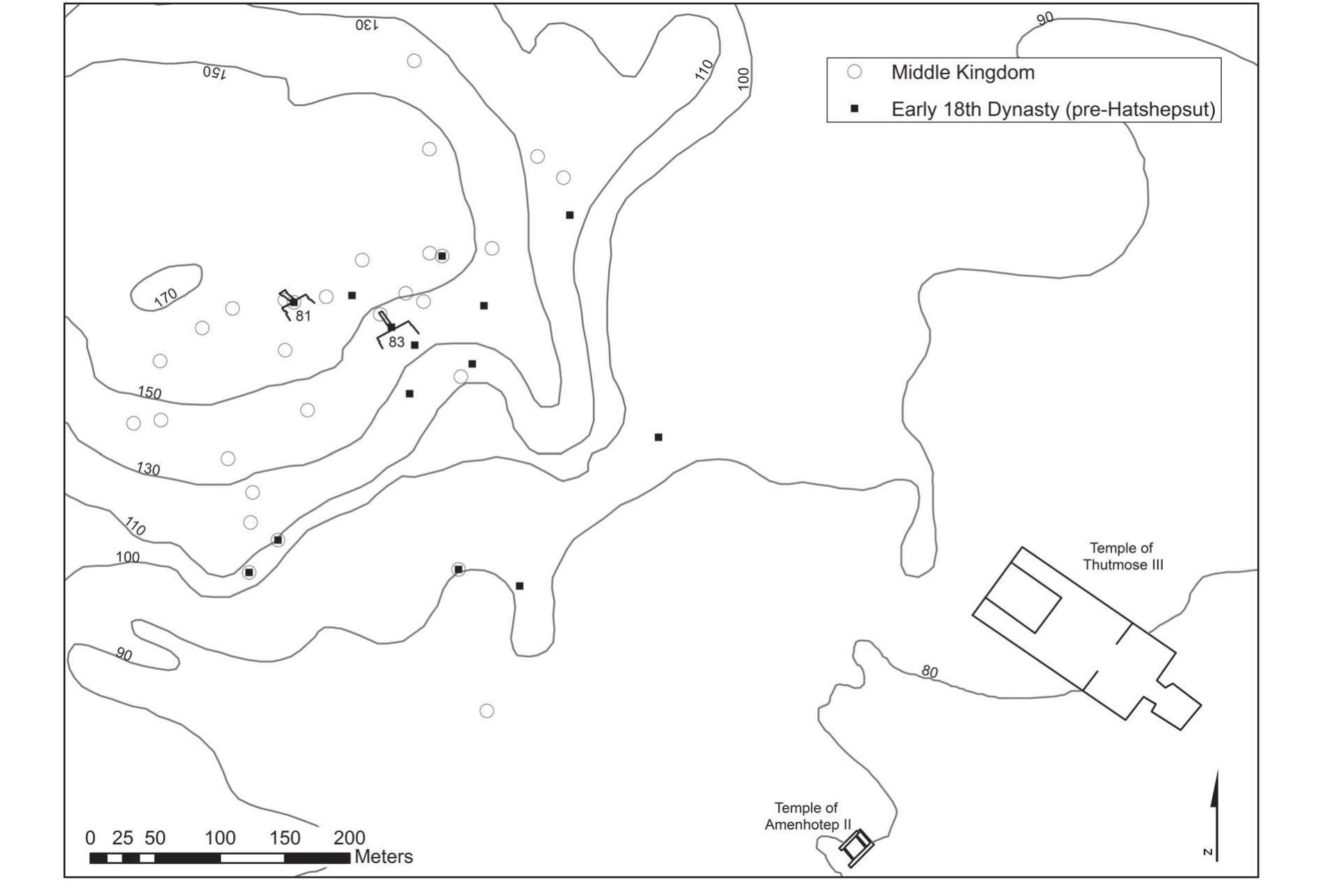 Fig.6 ‘Theban Necropolis, Sheikh Abd el-Qurna, Middle Kingdom and Early 18th Dynasty tombs, with tombs  mentioned in the text labeled and outlined. Map created by Ashley Fiutko using data taken from Kampp, Dre  thebanische Nekropole; Peter Piccione’s GIS work on the Theban Necropolis, available on-line at:|http://maps.  |cofc.edu/website/olgis2009/viewer.htm; Survey of Egypt maps of the Theban Necropolis; and GoogleEarth. ‘The map was created using ArcGIS ArcMap 9.3.1. 