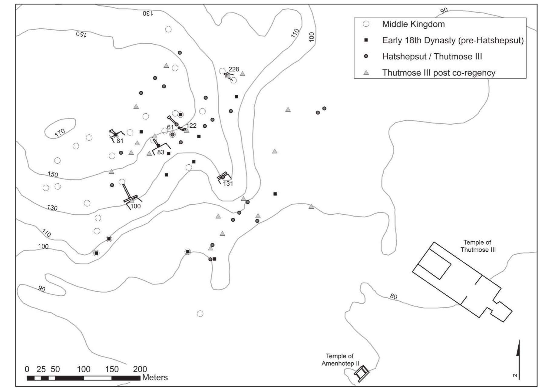 Fig. 7 Theban Necropolis, Sheikh Abd el-Qurna, Middle Kingdom through mid-18th Dynasty tombs, with  tombs mentioned in the text labeled and outlined. Map created by Ashley Fiutko using data taken from Kampp,  Die thebanische Nekropole; Peter Piccione’s GIS work on the Theban Necropolis, available on-line at:|http://maps.  | cofc.edu/website/olgis2009/viewer.htm; Survey of Egypt maps of the Theban Necropolis; and GoogleEarth. The map was created using ArcGIS ArcMap 9.3.1. 